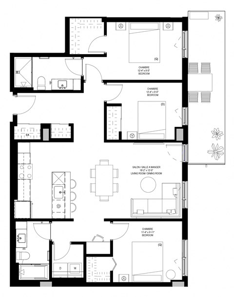 Floor plan for 3 beds, 2 baths, 1188 sqft